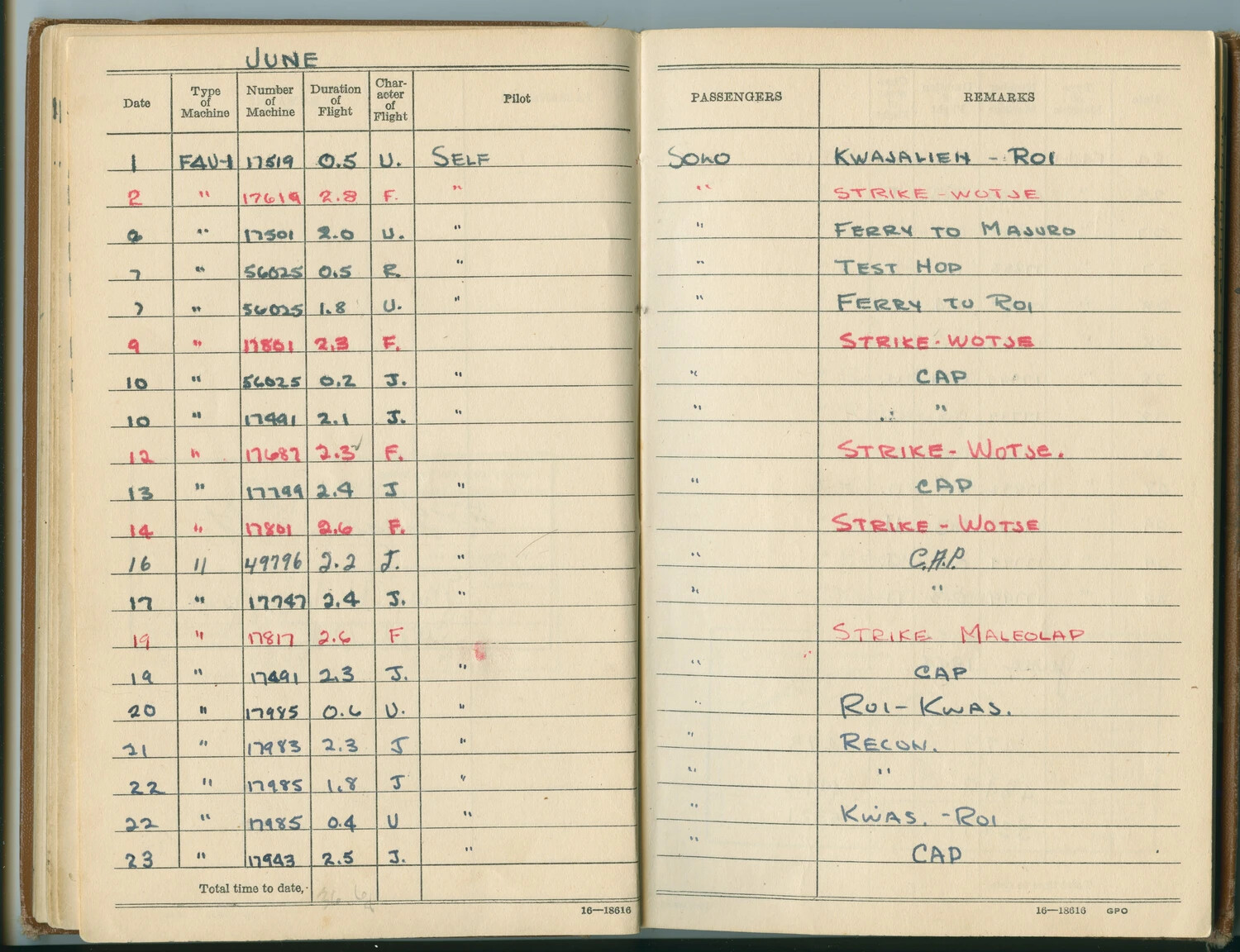 F4U-1 Corsair Flight Log Book Pages, June — Strikes on Wotje and Maleolap, McAleer Collection
