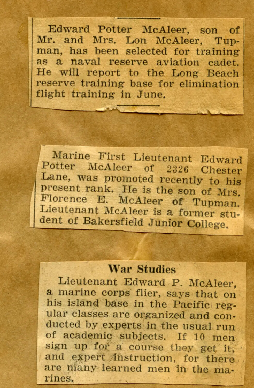 Scrapbook Page of Newspaper Clippings on Lt. Edward Potter McAleer, USMC Aviator