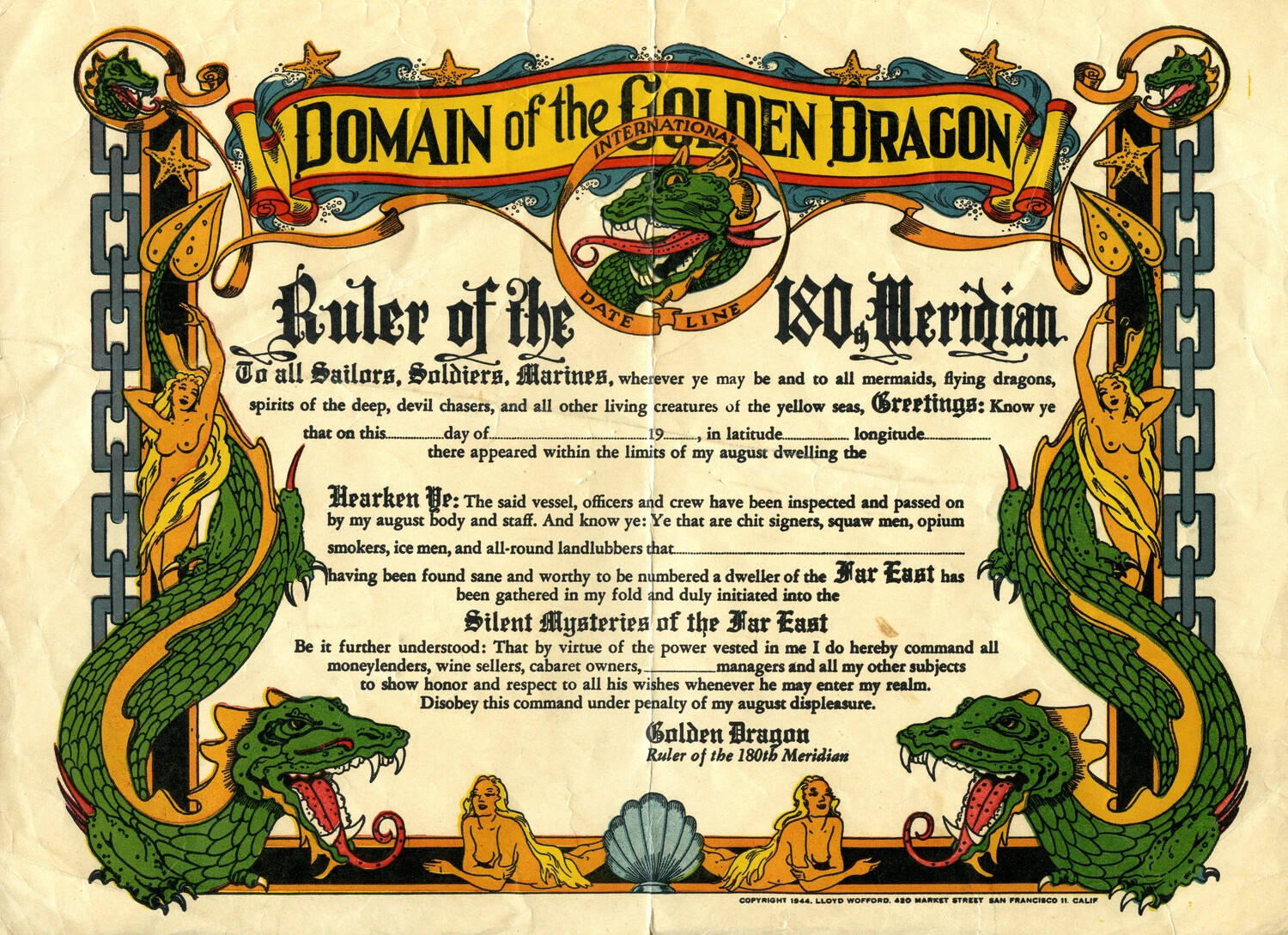 "Domain of the Golden Dragon" International Date Line Crossing Certificate, WWII Era