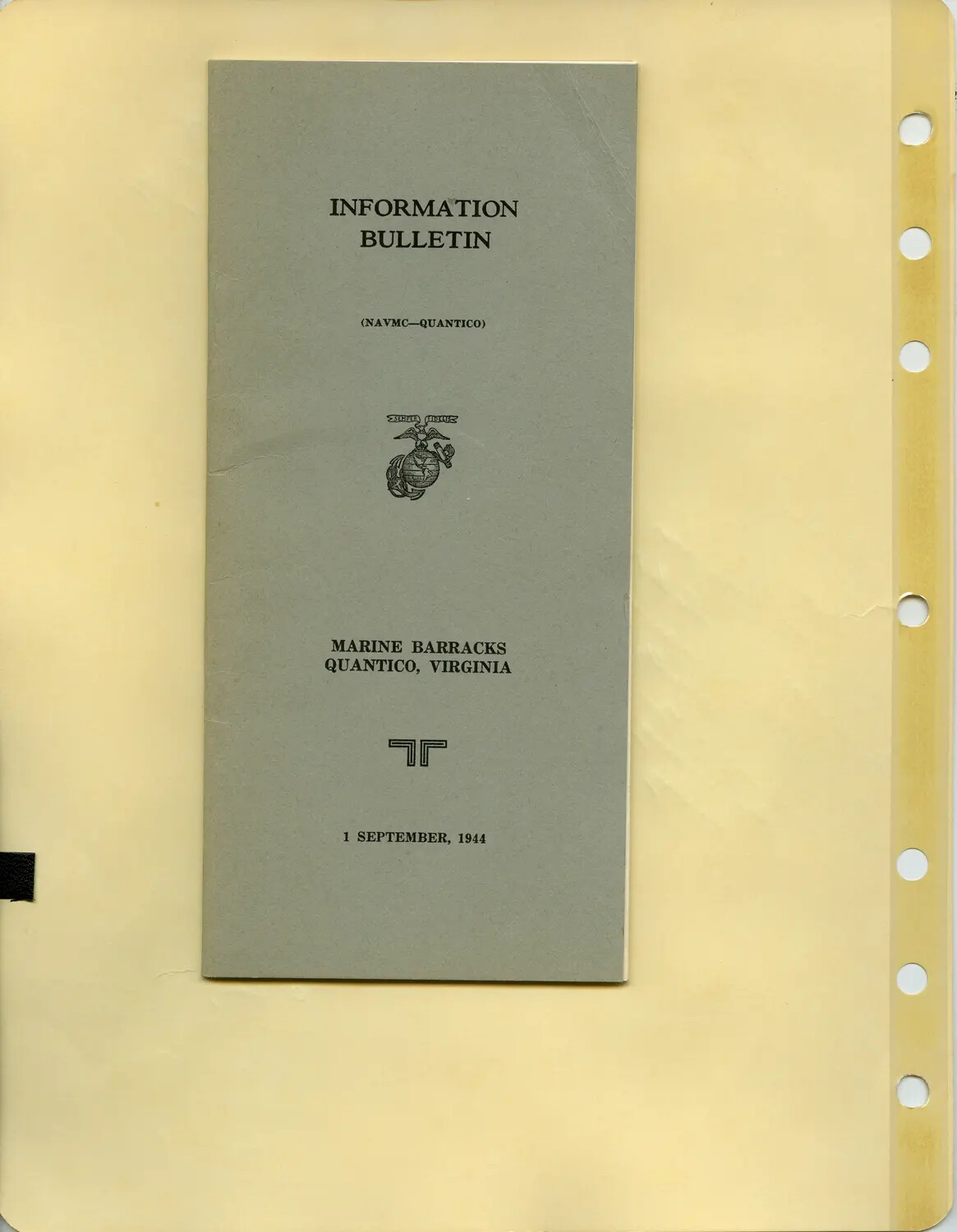 USMC Information Bulletin, Marine Barracks Quantico, Virginia, 1 September 1944 - McAleer Collection
