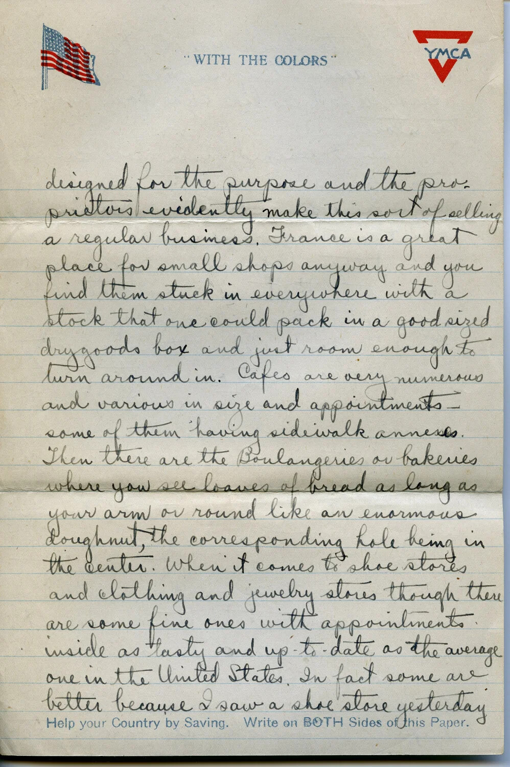 WWI Soldier's Letter Home on YMCA 'With the Colors' Stationery, Page Describing France, 28 April 1918