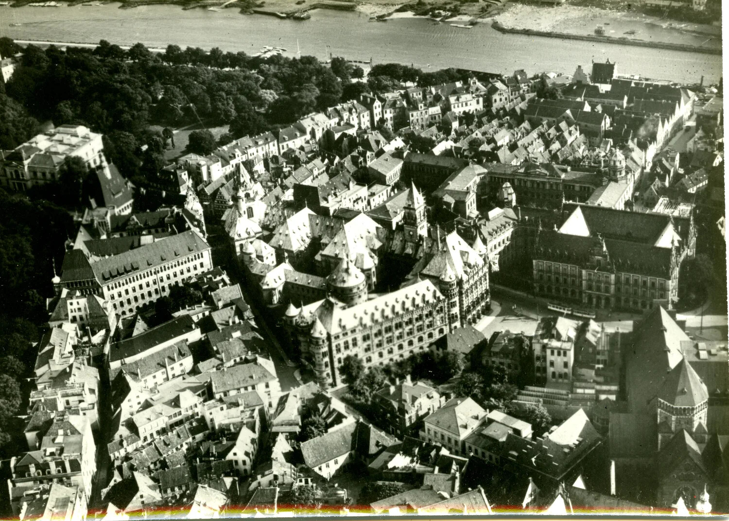 Aerial View of Historic German Old Town Along the Weser River (likely Bremen), WWII Era