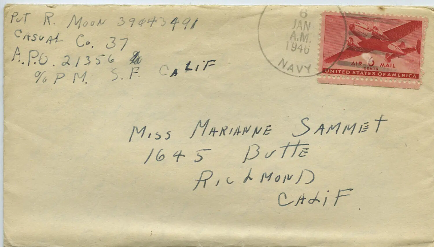 WWII-Era Military Mail Envelope, Pvt. R. Moon to Marianne Sammet, January 1946