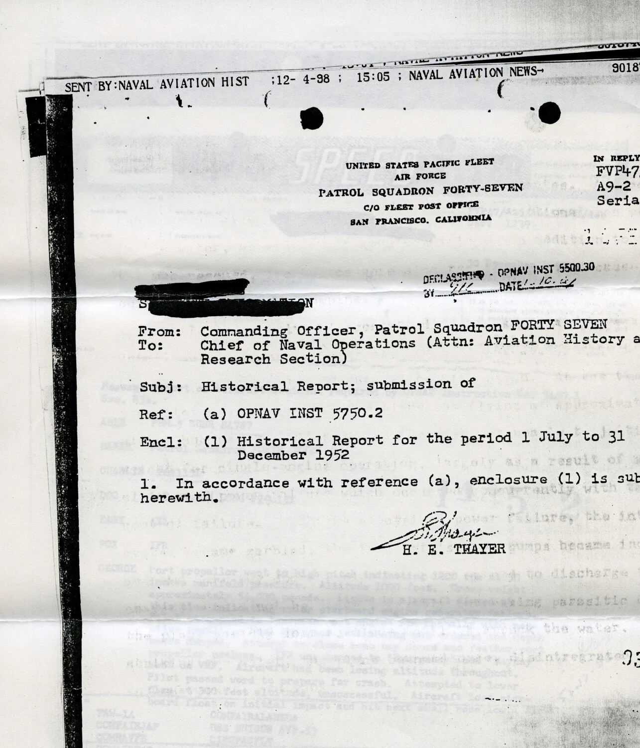 VP-47 Historical Report Transmittal Letter, Korean War Era (1952), Declassified