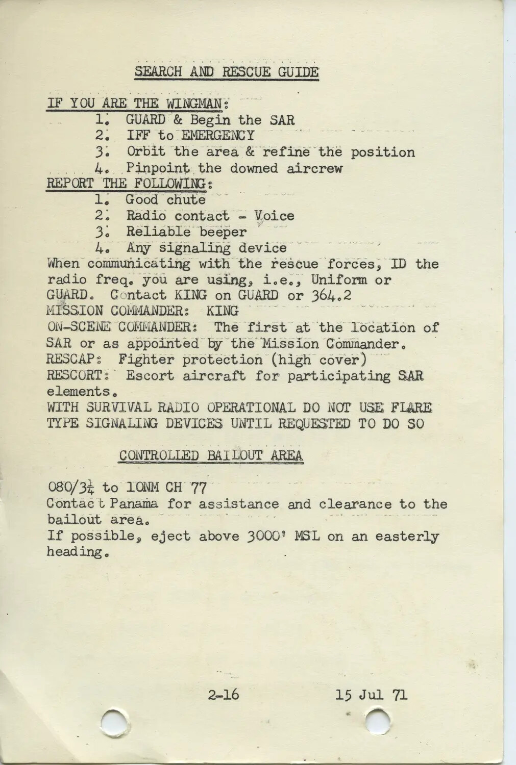 F-4 Phantom Aircrew Search and Rescue (SAR) Procedures Page, Da Nang, 1971