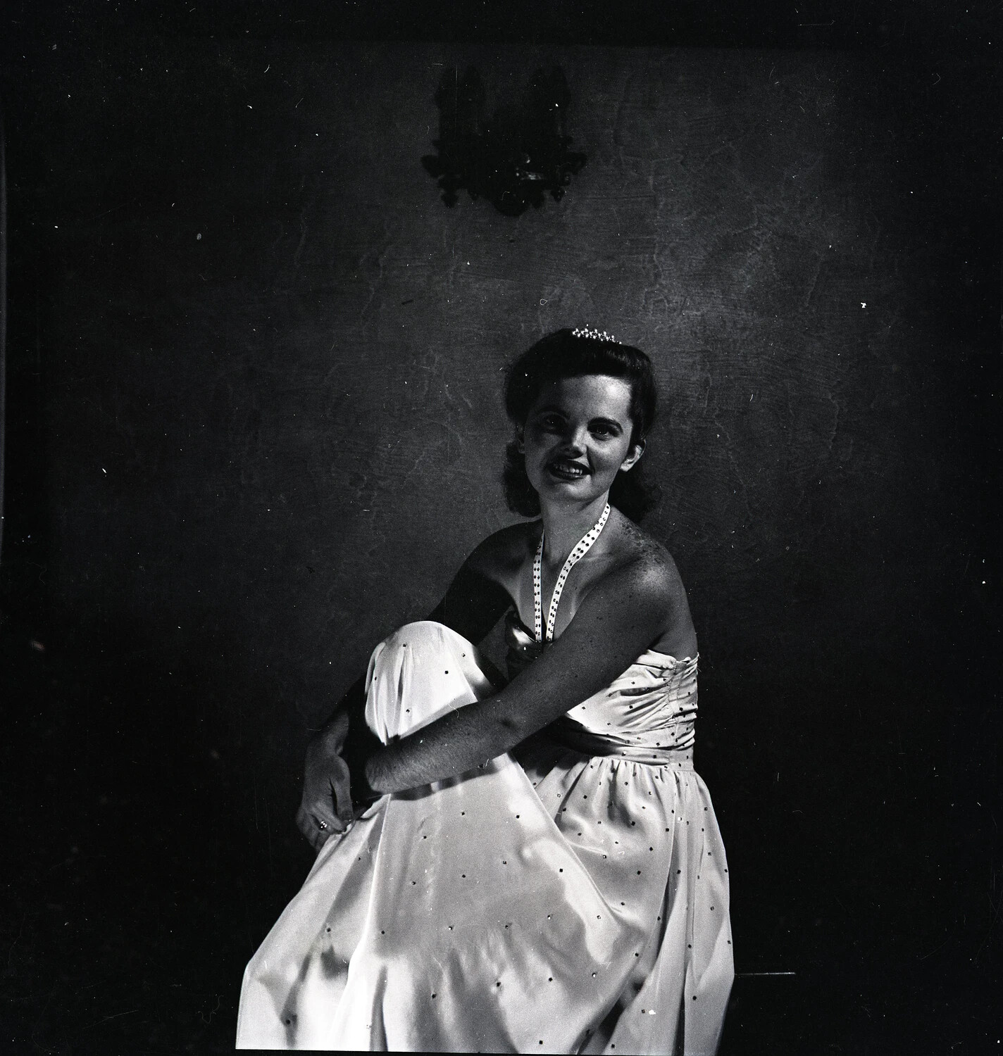 Studio Portrait of a Young Woman in Strapless Evening Gown and Tiara, Wartime Era
