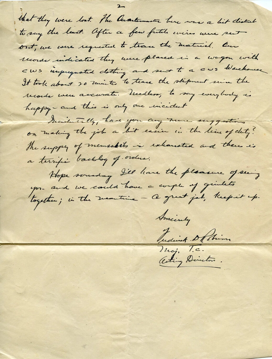 WWII CBI Theater Correspondence – Handwritten Letter, Page 2, Transportation Corps Acting Director (Logistics/CWS Warehouse Incident)