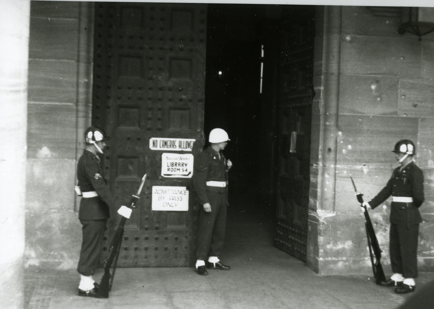 U.S. Military Police Guarding Entrance, Nuremberg Palace of Justice, WWII Trial Era