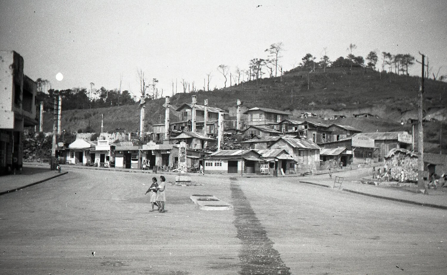 War-Damaged Town Street, Luzon, Philippines, WWII Aftermath (Baguio Area)