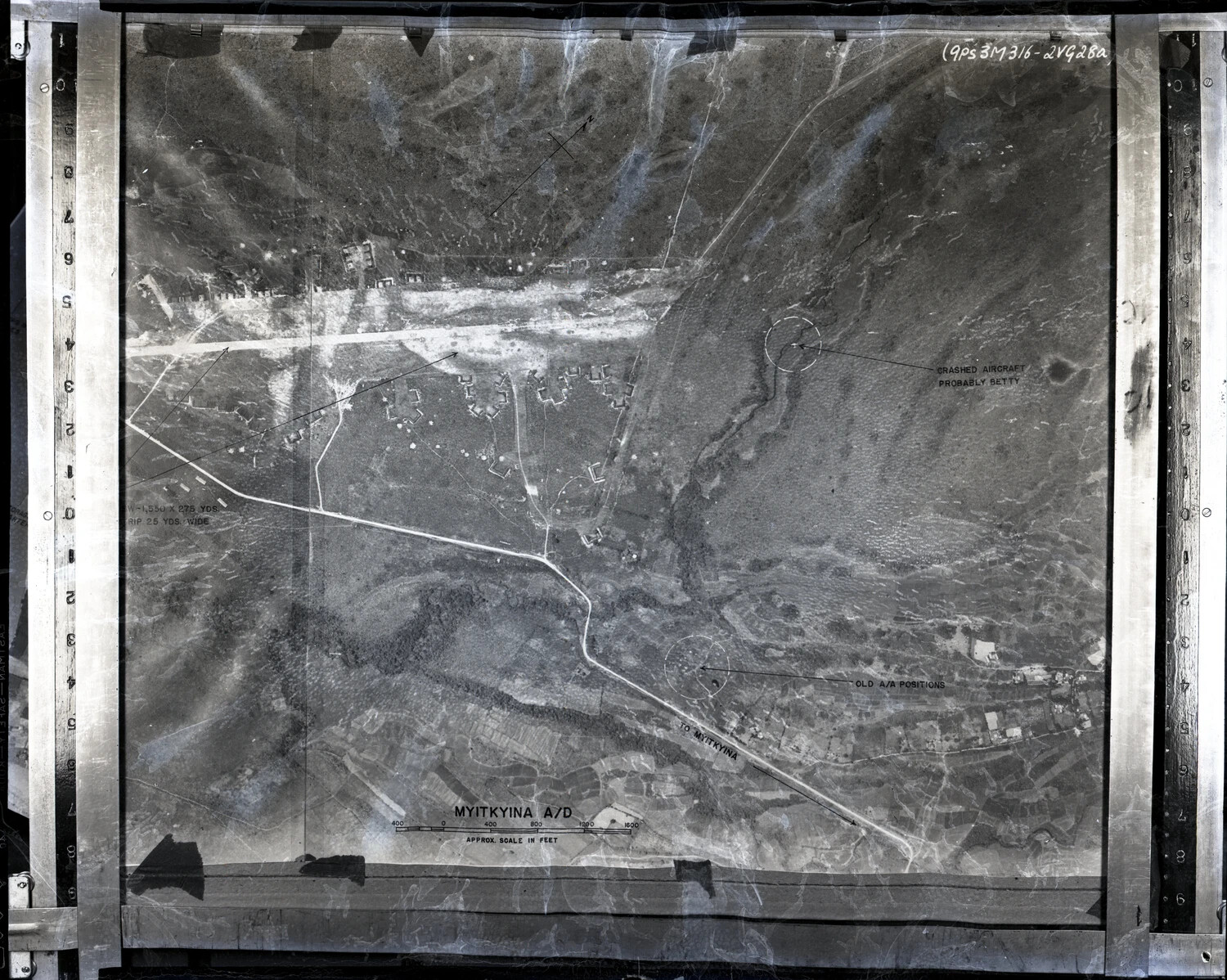 Annotated Aerial Reconnaissance Photograph of Myitkyina Airdrome, Burma, WWII CBI Theater
