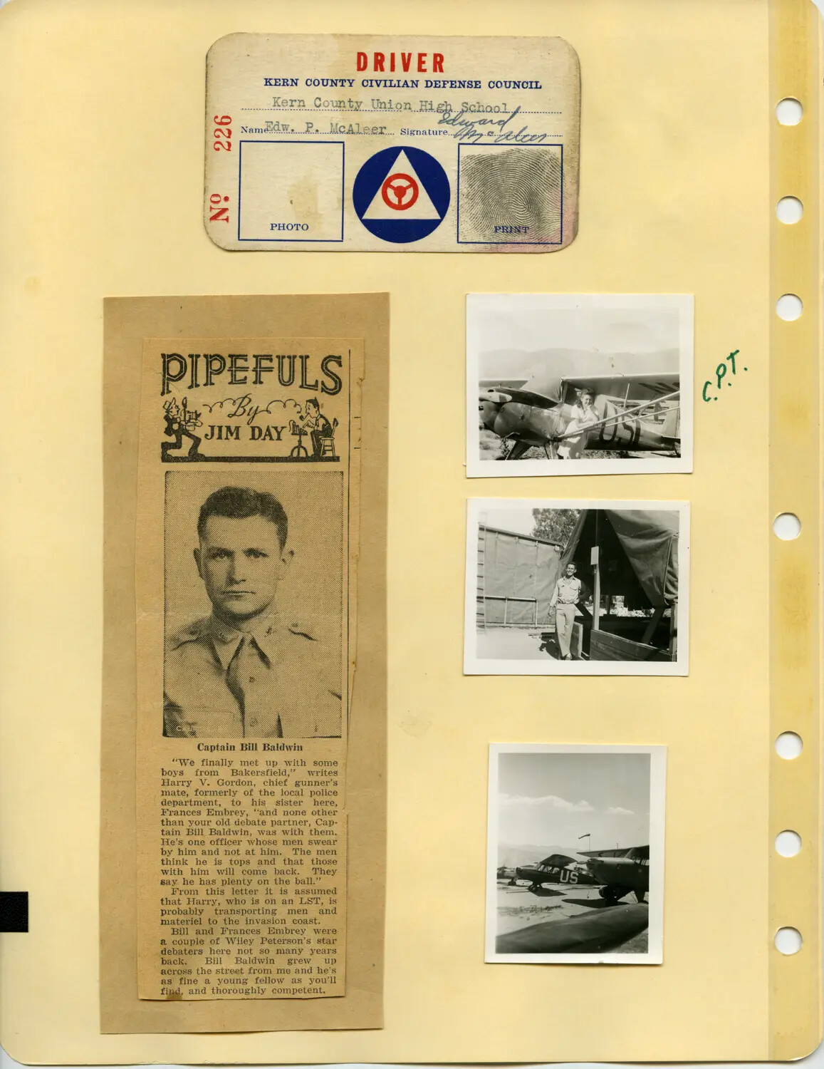 Scrapbook Page: Kern County Civil Defense Driver Card, 'Pipefuls' Newspaper Clipping, and Aviation Photographs, McAleer Family Collection