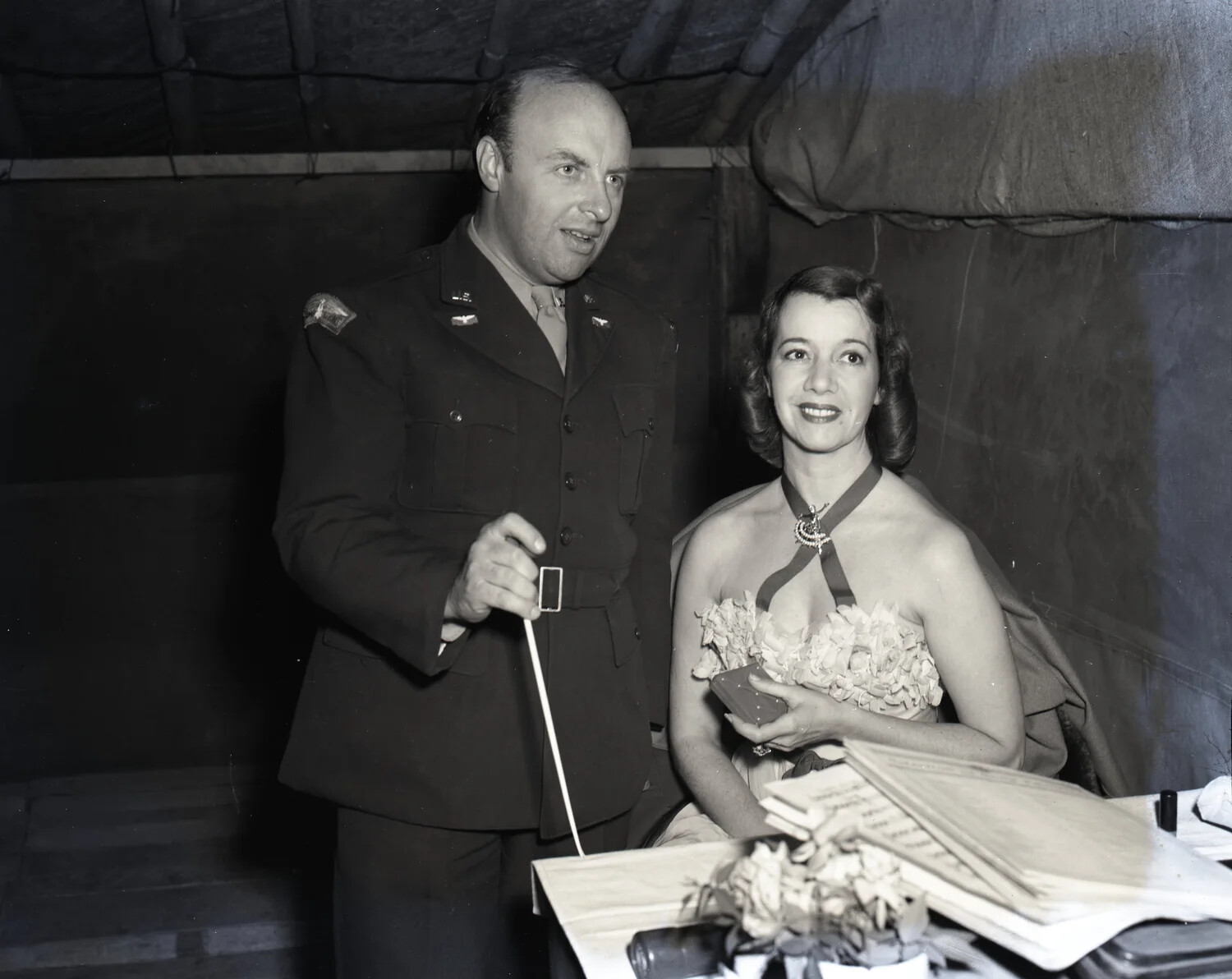 USAAF Officer with USO Entertainer Backstage, China-Burma-India Theater, World War II
