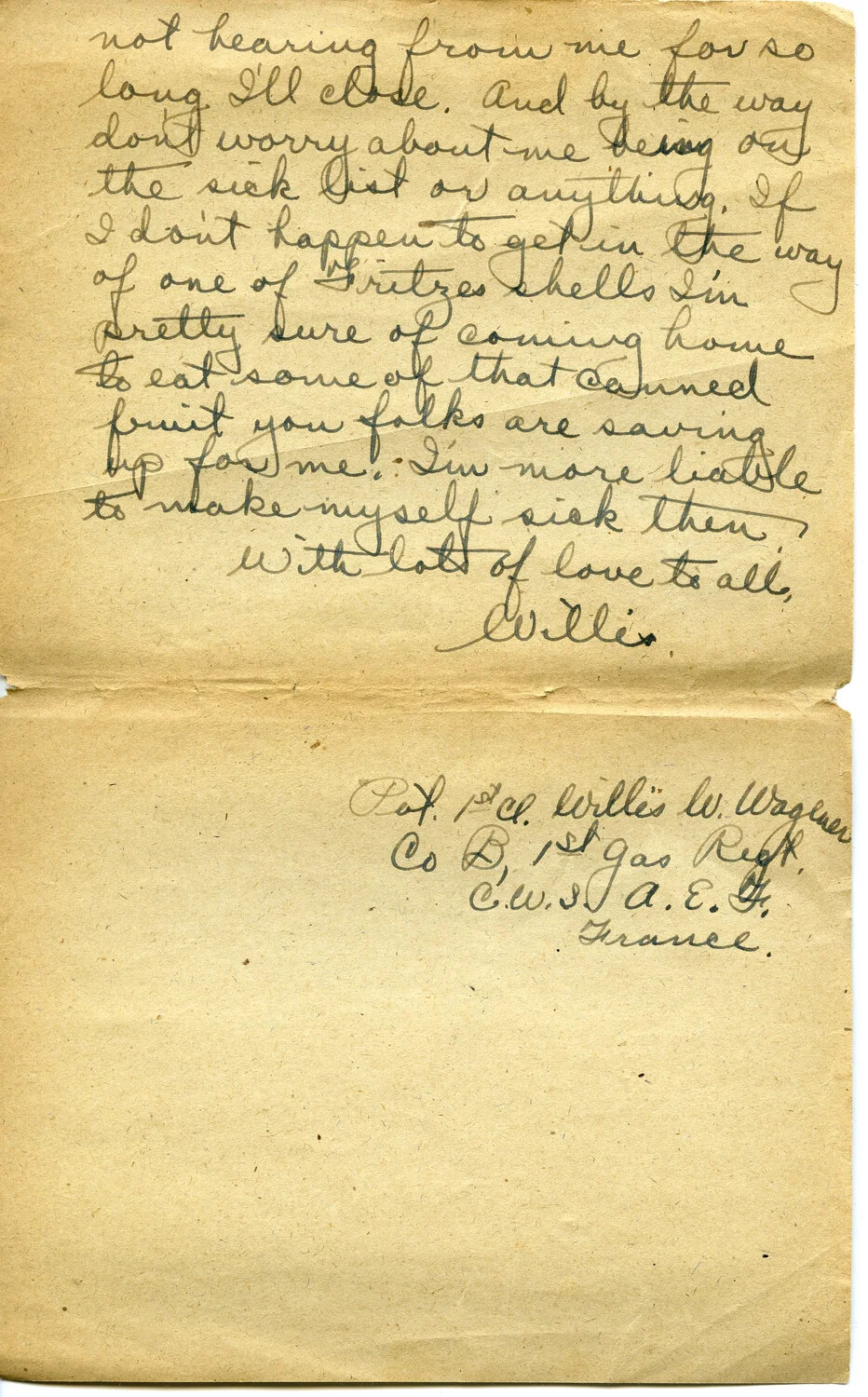 Handwritten WWI Letter, Pvt. Willis W. Wagener, 1st Gas Regiment, C.W.S., A.E.F., France