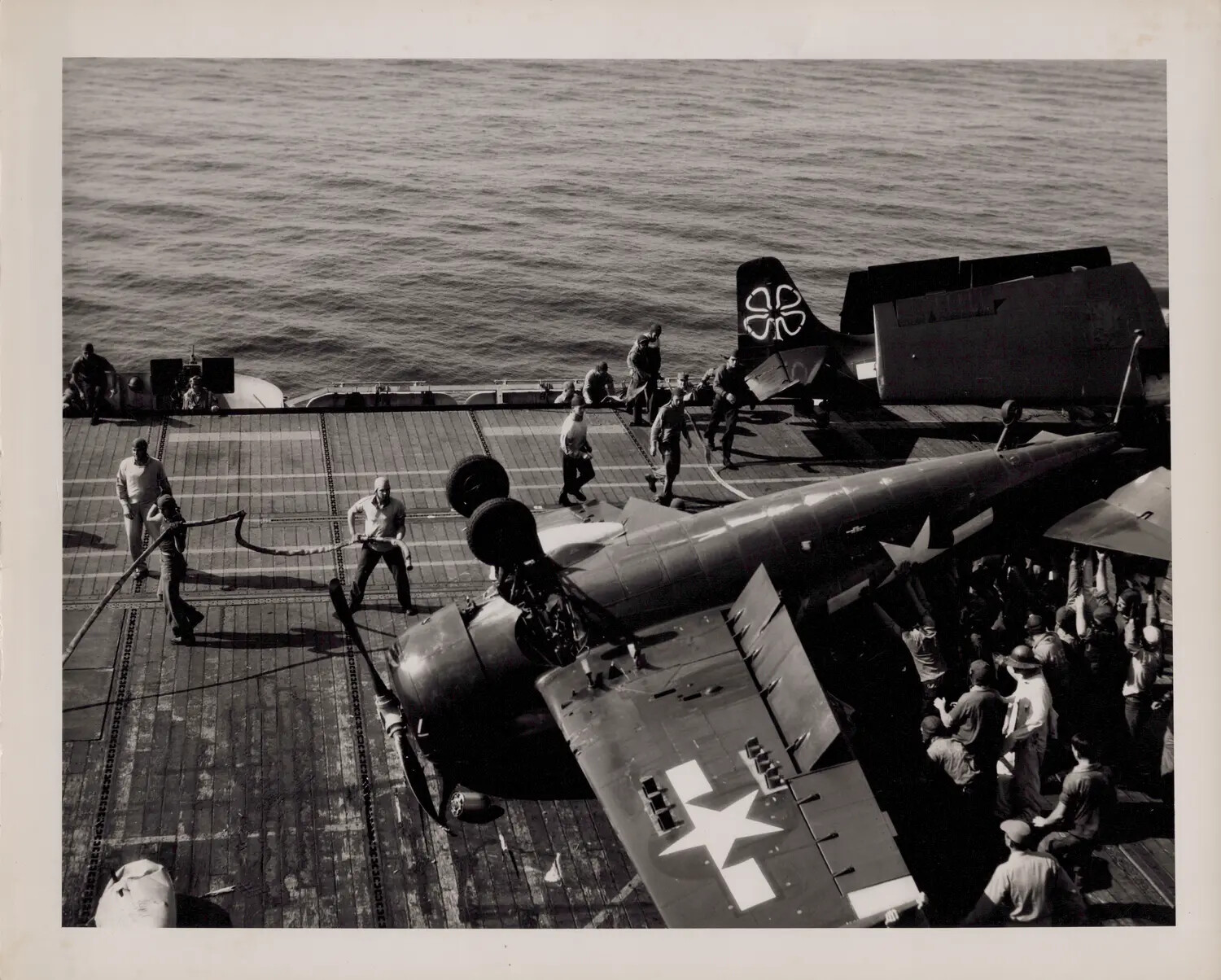 TBM/TBF Avenger Torpedo Bomber Nosed Over on Flight Deck, USS Petrof Bay (CVE-80), 16 April 1945