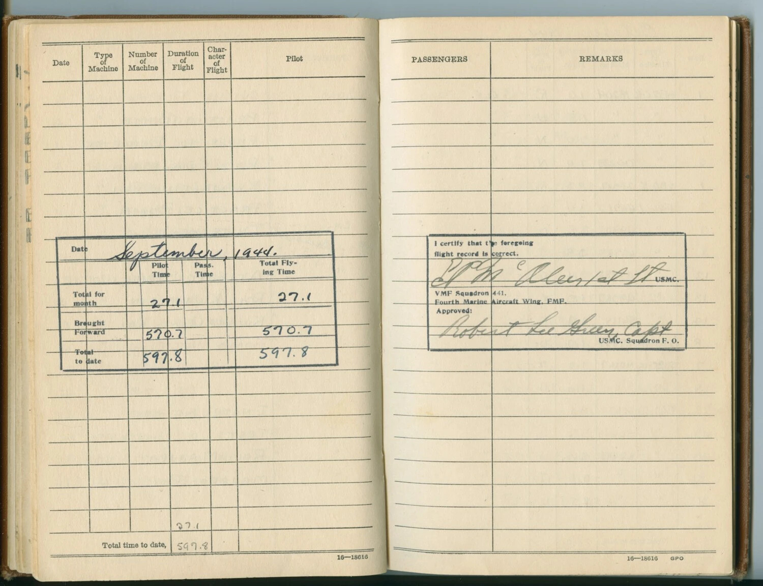 Monthly Flight Summary and Certification, 1st Lt. P.M. McAleer, VMF-441, September 1944