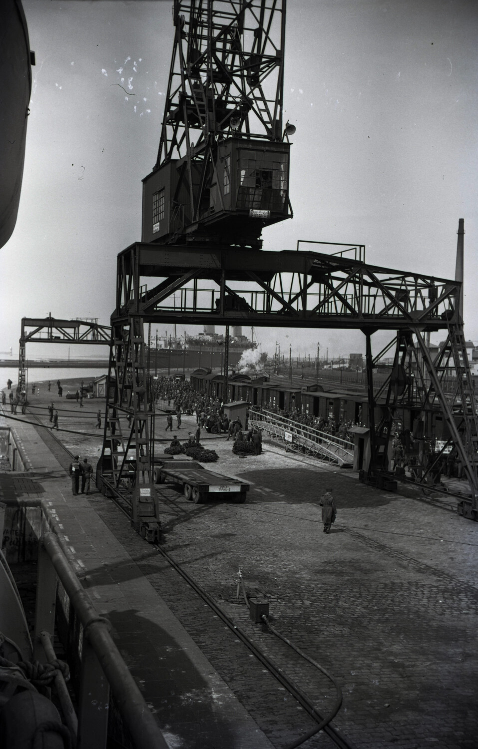 Dockside Gantry Crane and Assembled Troops, Port of Bremerhaven, Postwar Germany
