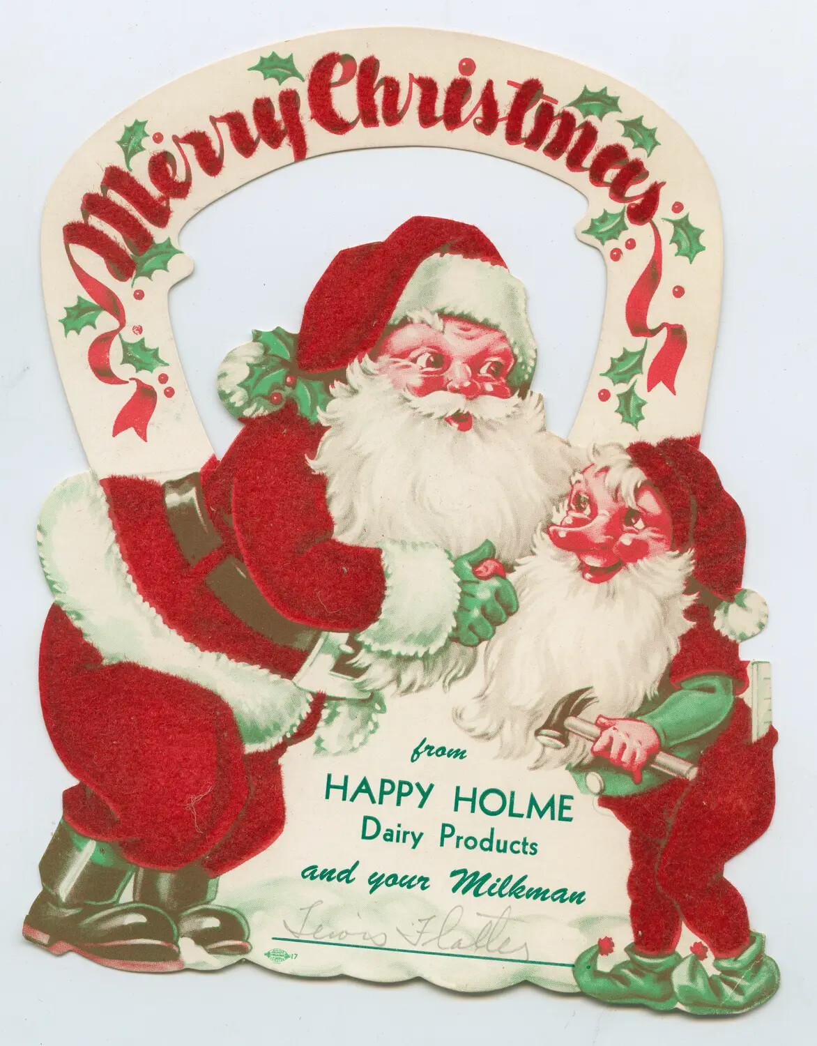 Vintage 'Merry Christmas' Die-Cut Advertising Card from Happy Holme Dairy Products