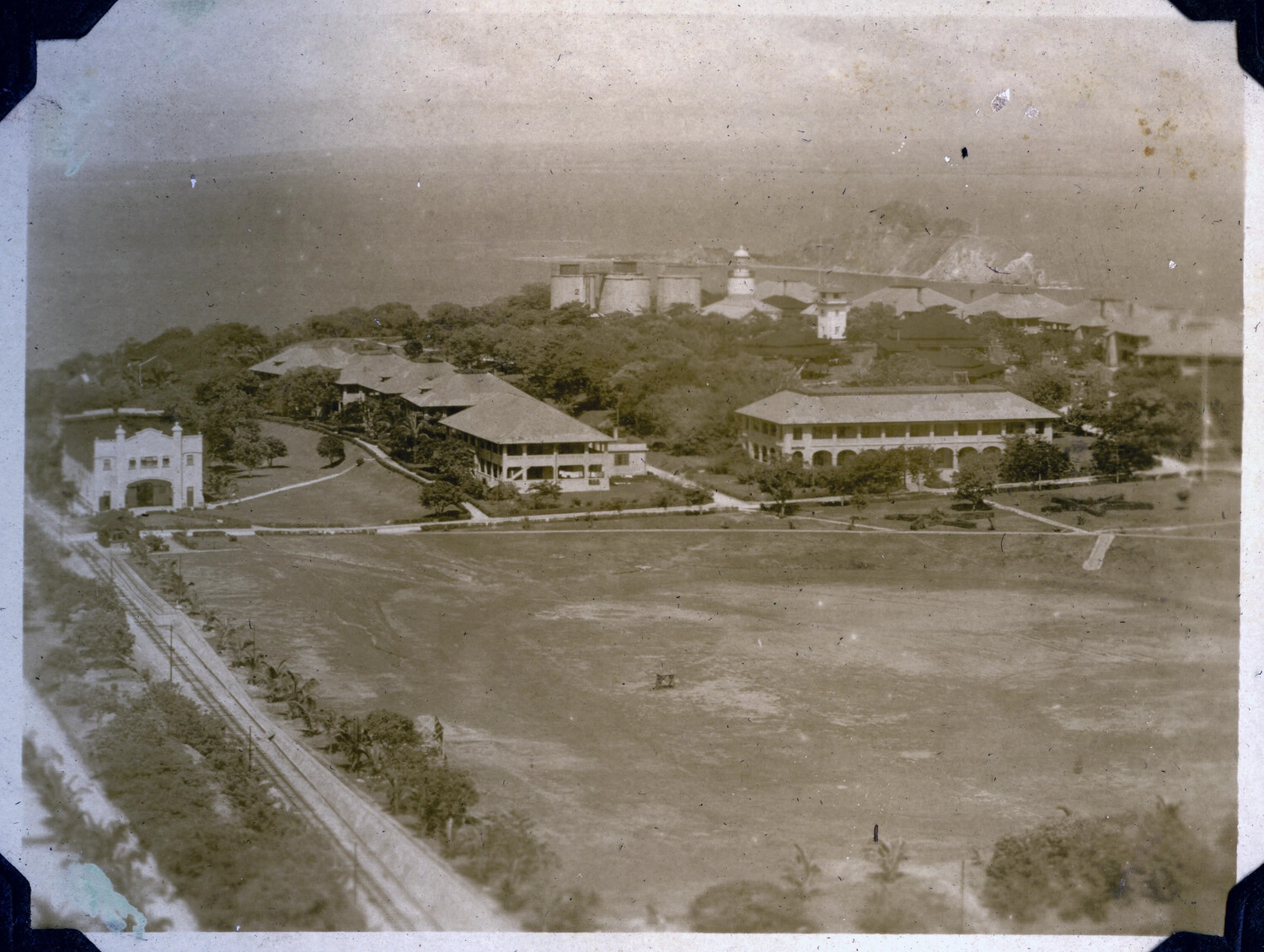 Elevated View of Naval Installation with Storage Tanks and Parade Ground, Philippines, c. 1920s-1930s