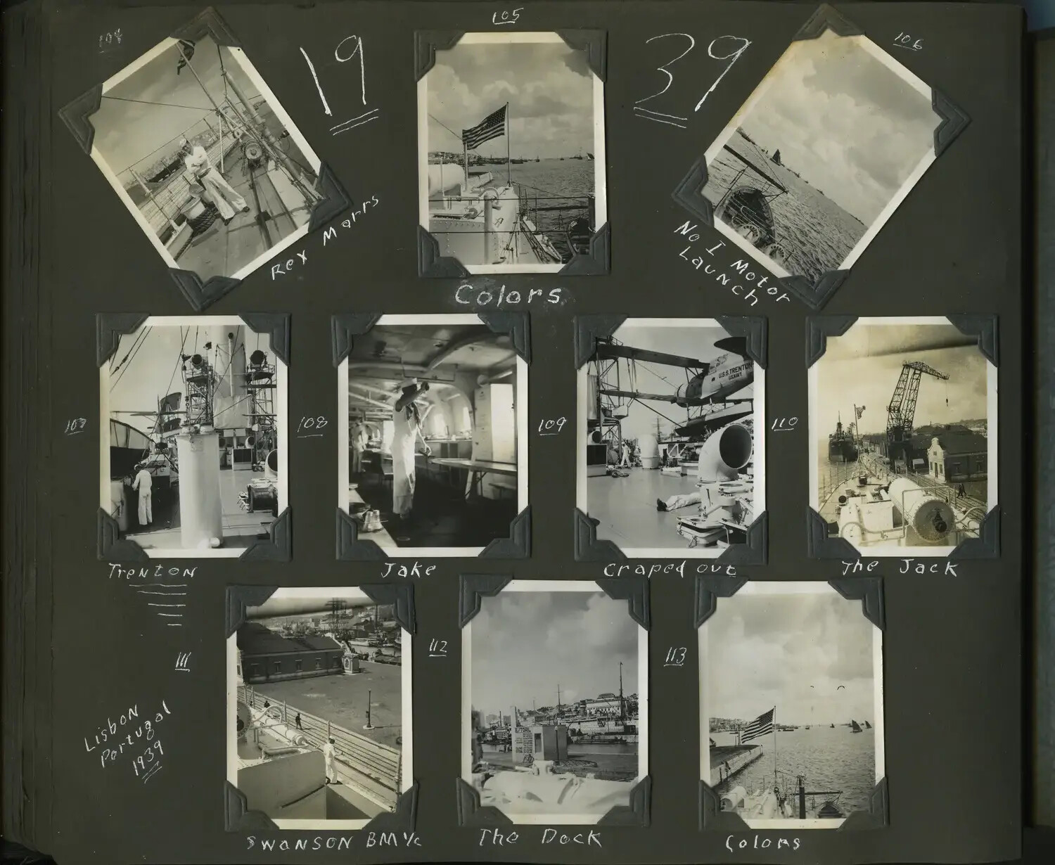 Scrapbook Page: USS Trenton Shipboard Scenes and Lisbon Harbor, 1939 (Photographs 104-113)