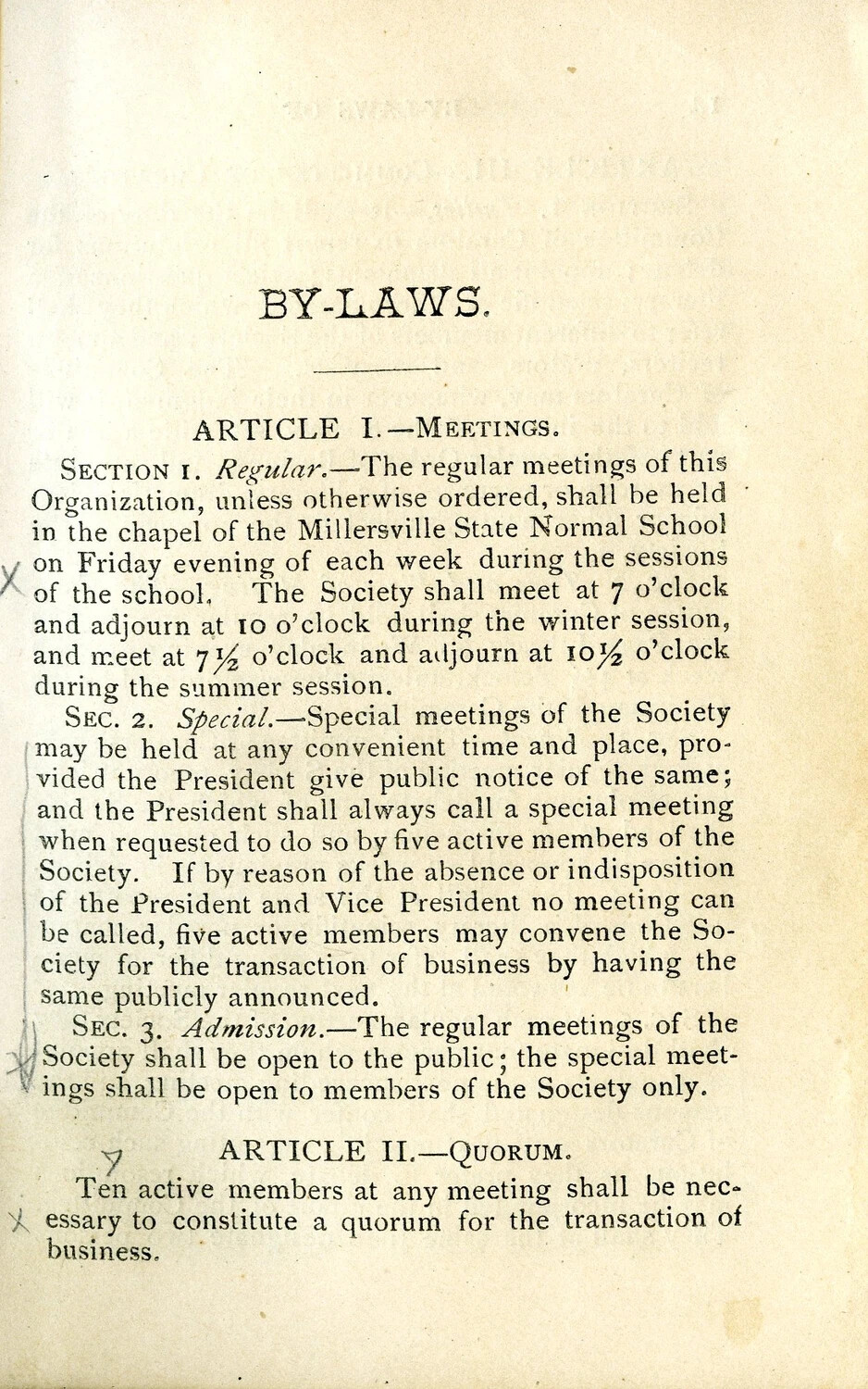 By-Laws Page, Literary Society Rule Book, Millersville State Normal School (WWI Era)
