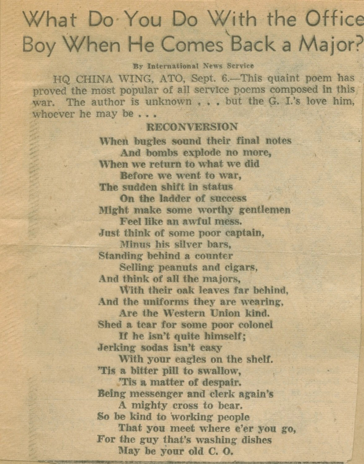 Newspaper Clipping: 'What Do You Do With the Office Boy When He Comes Back a Major?' - Reconversion Poem, HQ China Wing (McAleer Collection)