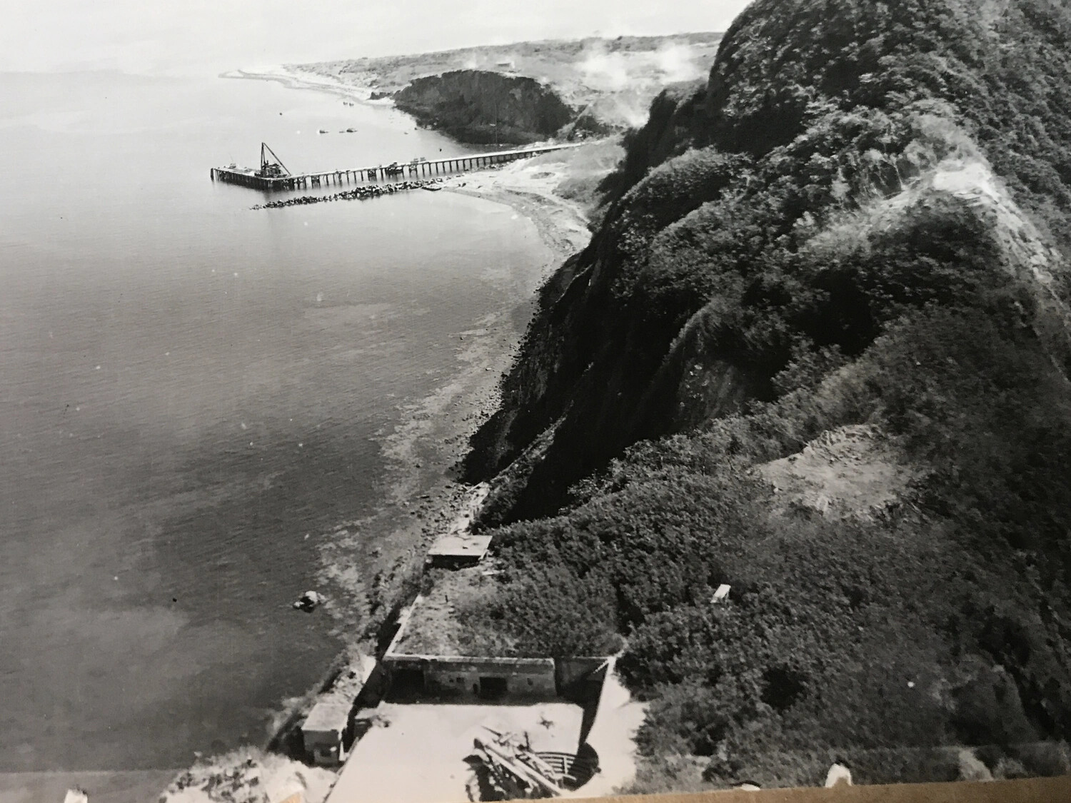 Aerial View of Coastal Pier Construction and Fortified Position, Pacific Theater, WWII