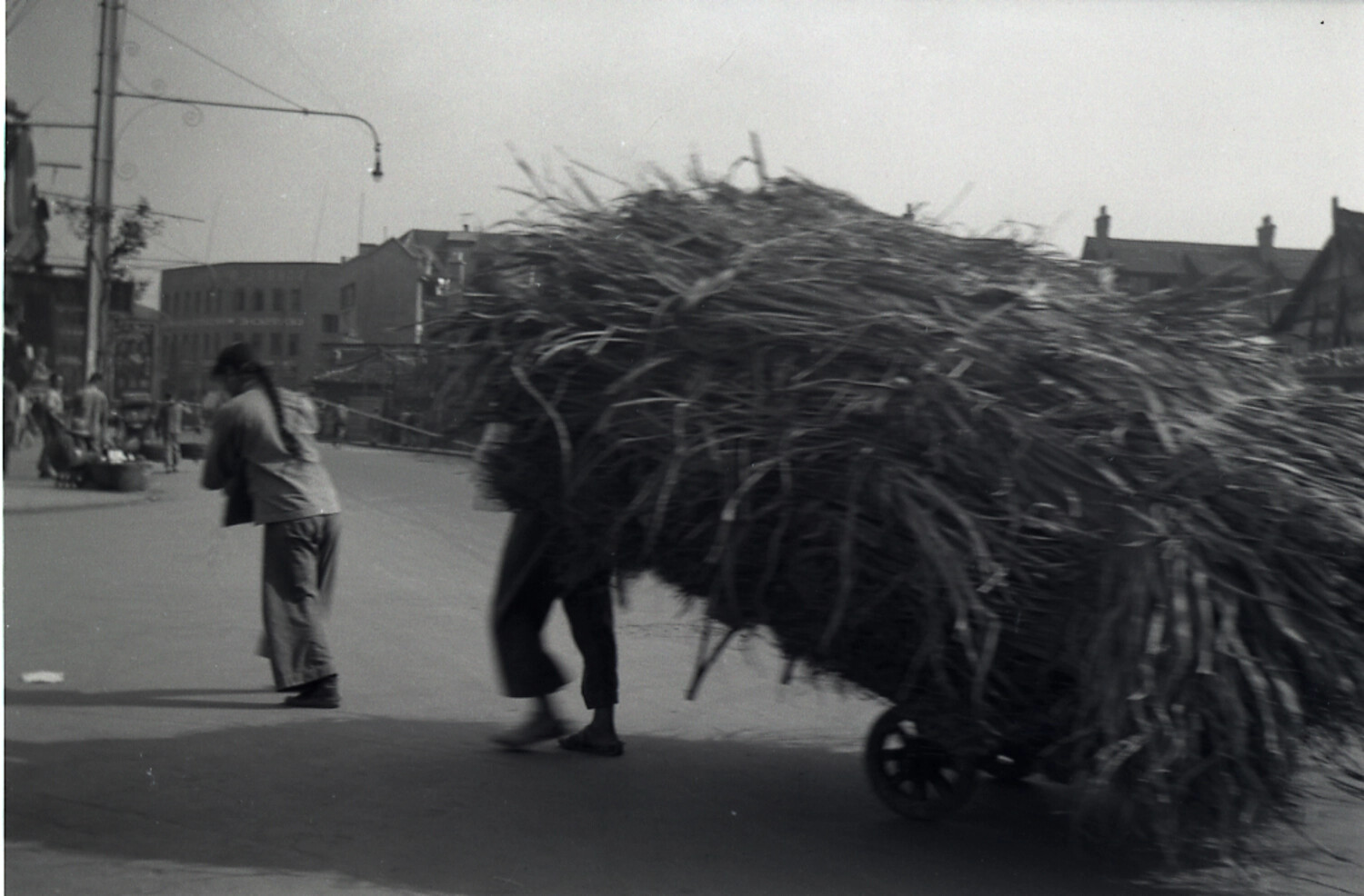 Laborer Pushing Handcart Loaded with Reeds, China, Mid-20th Century
