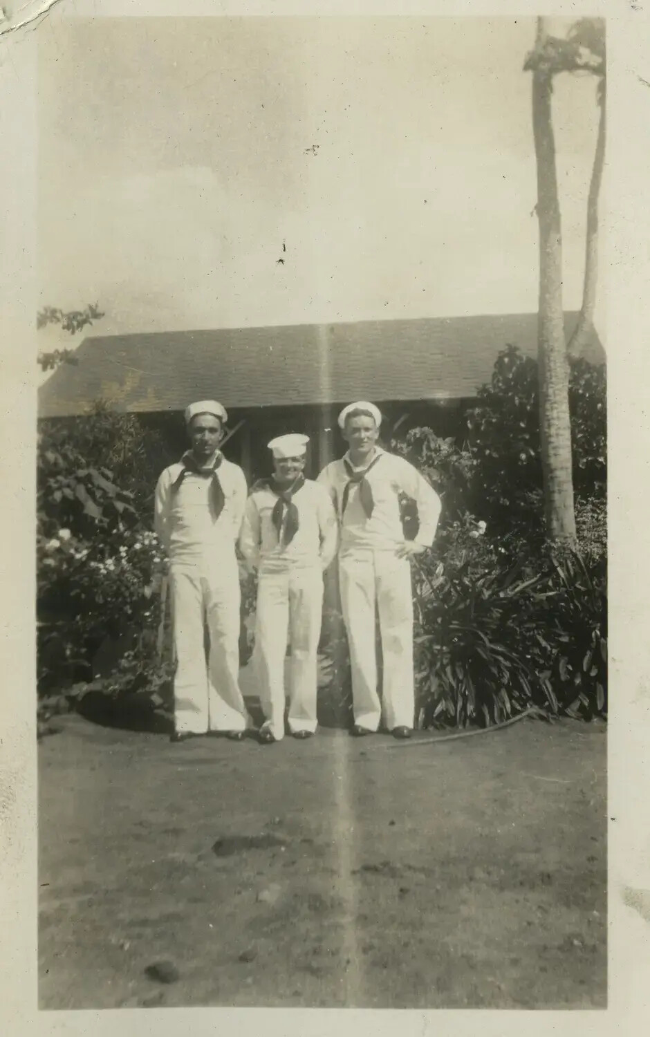Three U.S. Navy Sailors in Dress Whites, Tropical Liberty Port, 1930s