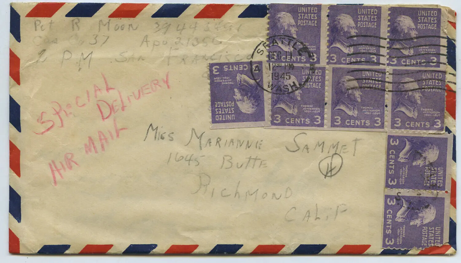 Special Delivery Air Mail Envelope from Pfc R. Moon to Miss Marianne Sammet, December 1945