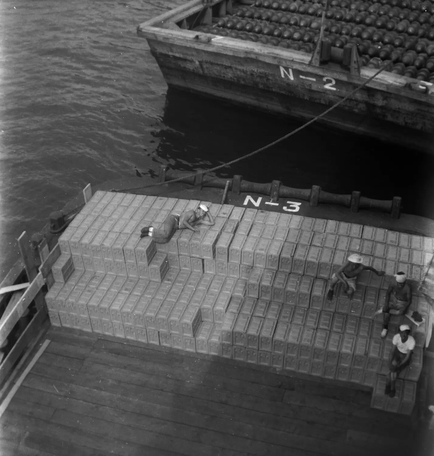 Ammunition and Supply Barges N-2 and N-3 with Sailors, Sasebo, Japan