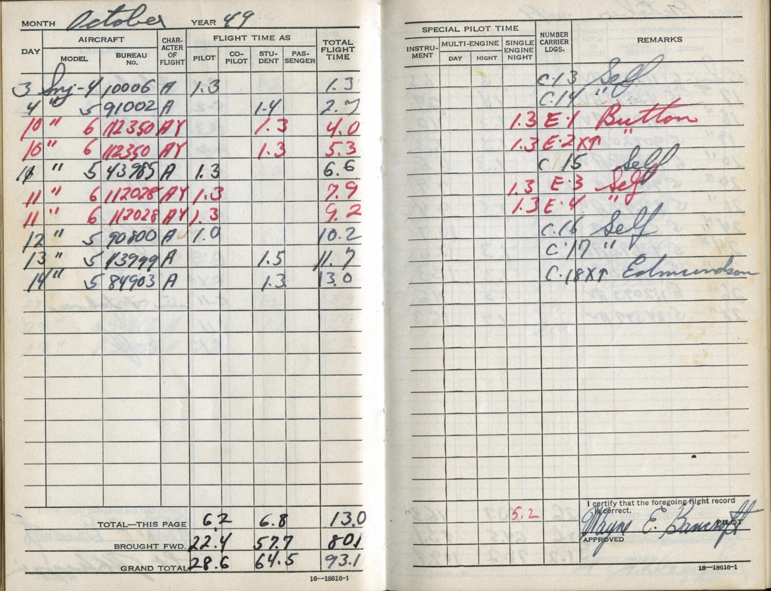 Naval Aviator Flight Logbook Page, Lt. Wayne E. Bancroft, October 1949