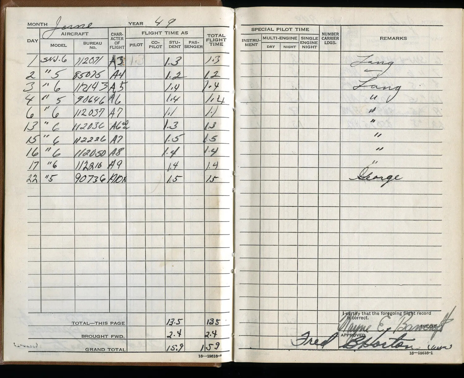 Wayne E. Bancroft Flight Log Book, June 1949 - SNJ Texan Student Training Flights