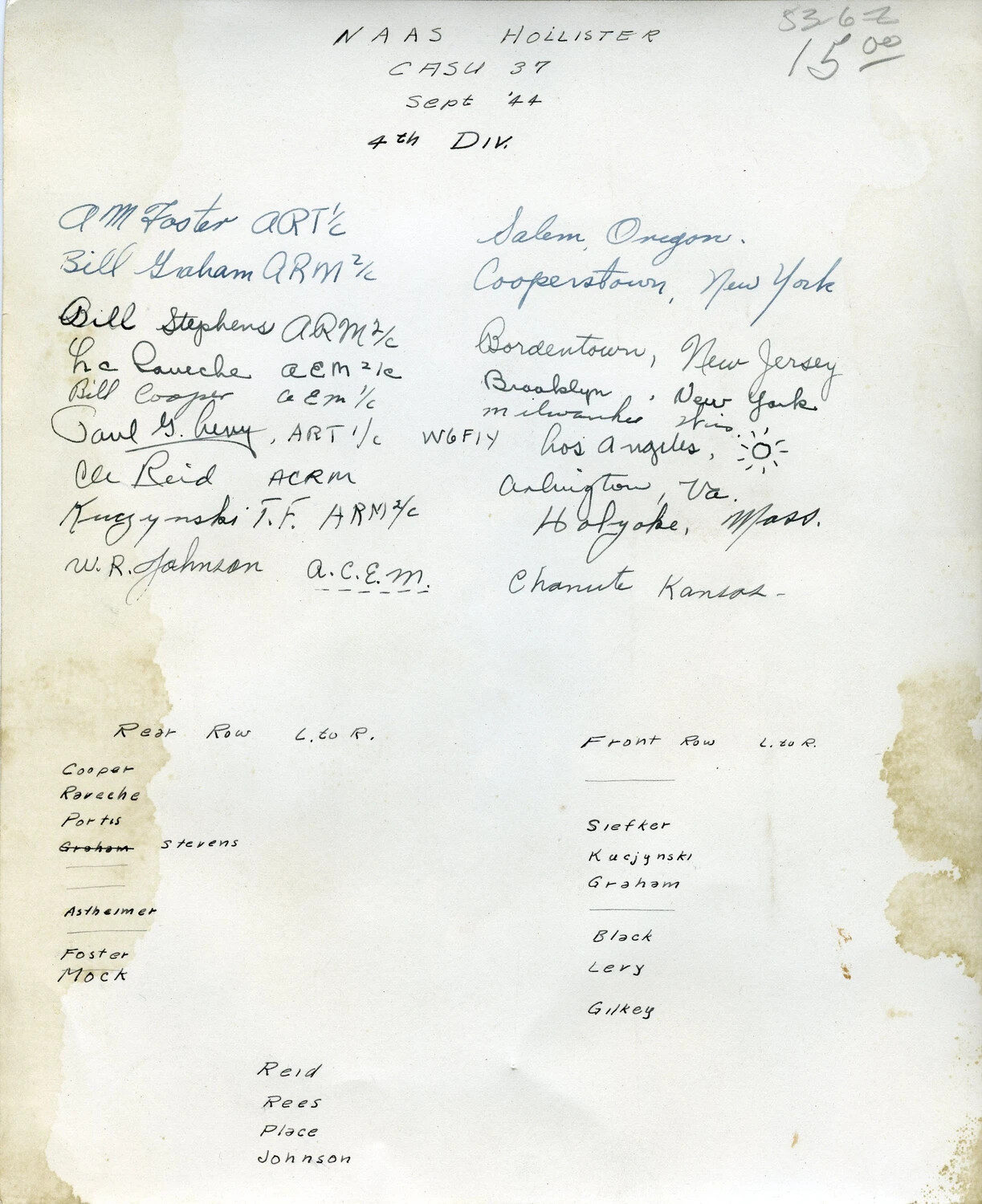 Handwritten Roster Sheet, NAAS Hollister CASU 37, 4th Division, September 1944