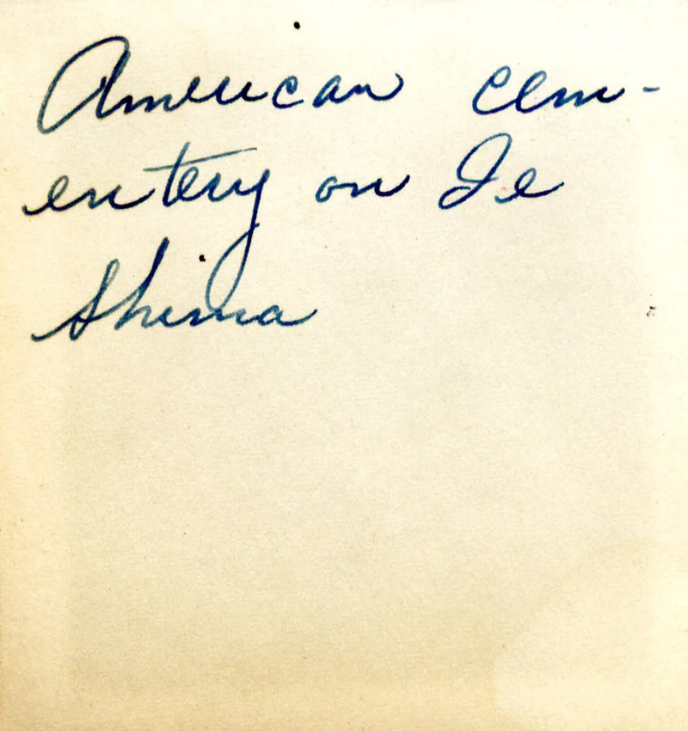 Handwritten Caption Card: 'American Cemetery on Ie Shima'