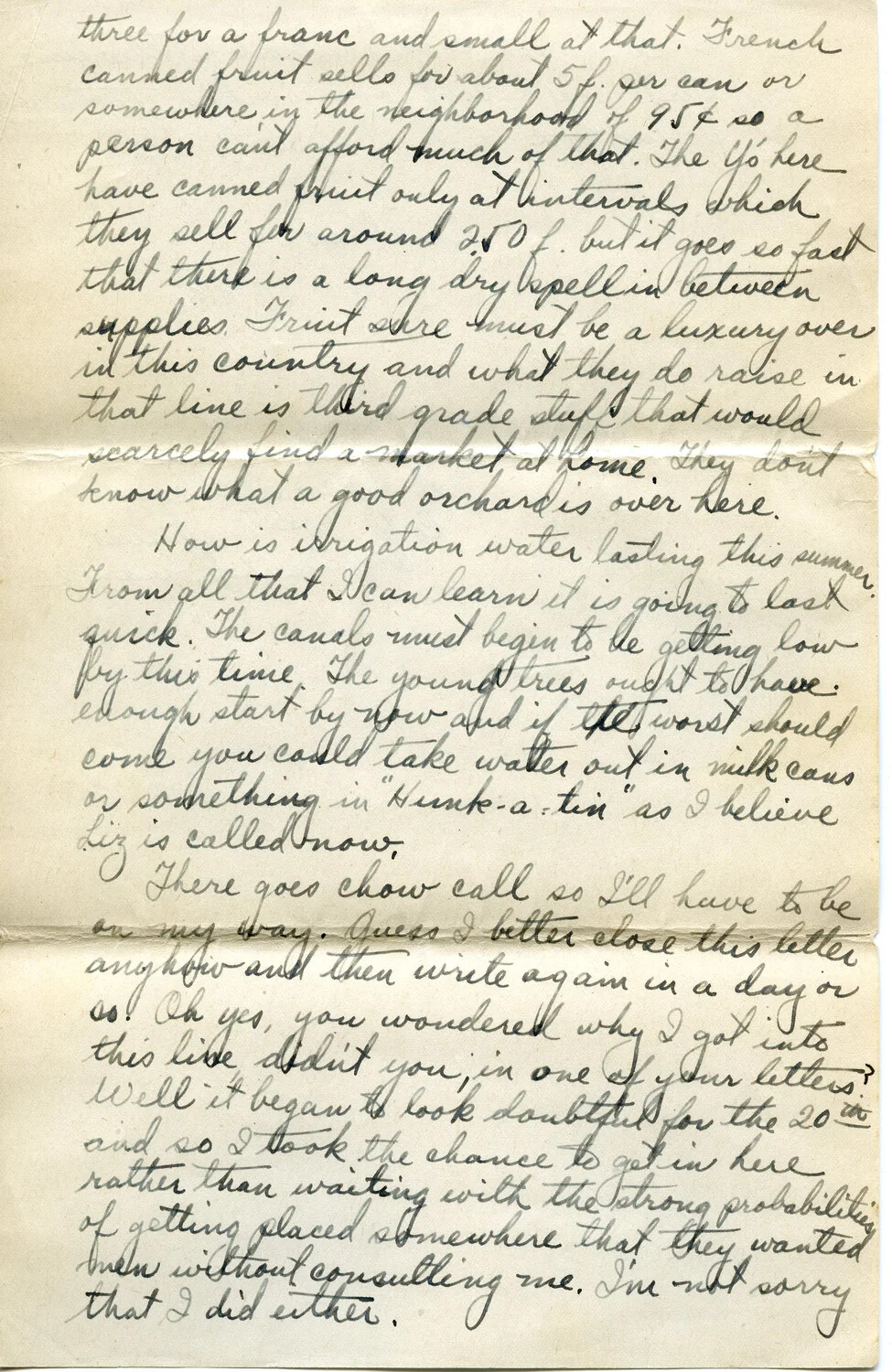 WWI Letter from Pvt. Willis W. Wagener to His Son — Letter 5, Page N: French Food Prices, Home Orchard Irrigation, and Enlistment Explanation
