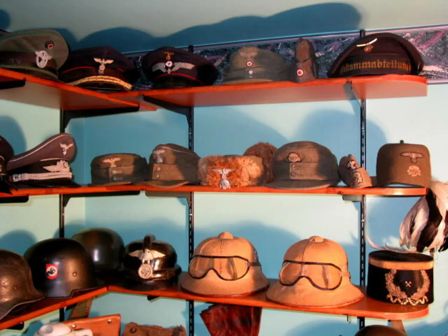 Private Collection Display of German WWII-Era Military Headgear
