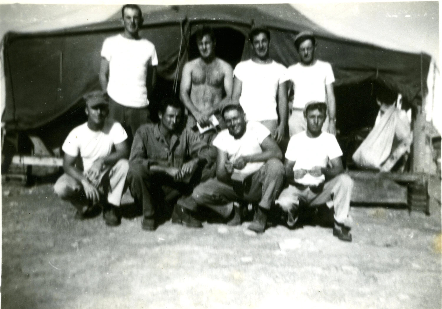 Group Portrait of Marines at Tented Encampment, 5th Marine Division, WWII (Iwo Jima Collection)
