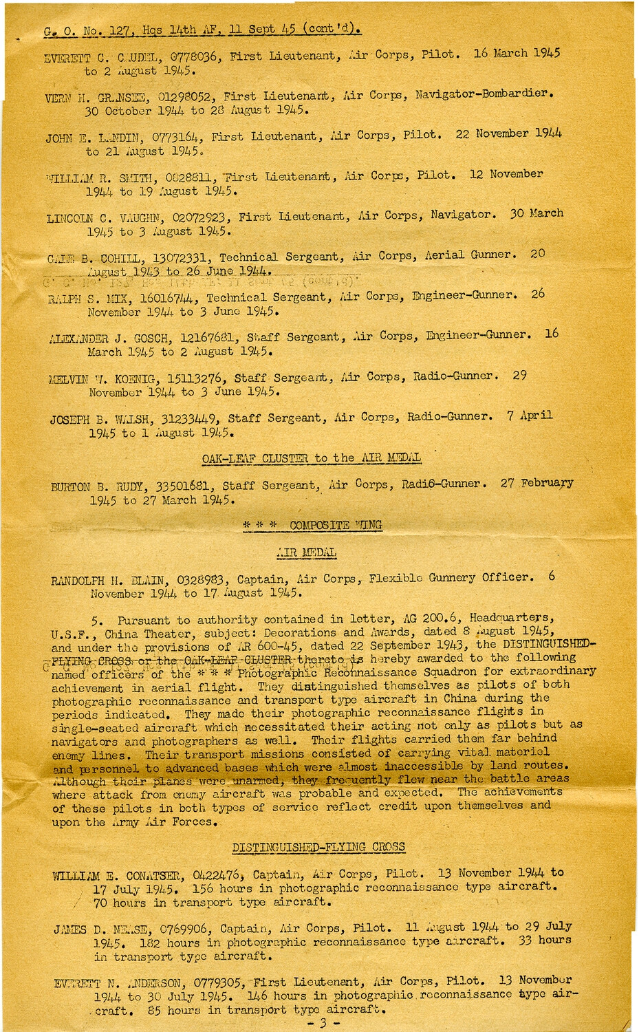 General Order No. 127, Headquarters 14th Air Force, 11 September 1945 (Page 3) – Air Medal and Distinguished Flying Cross Citations
