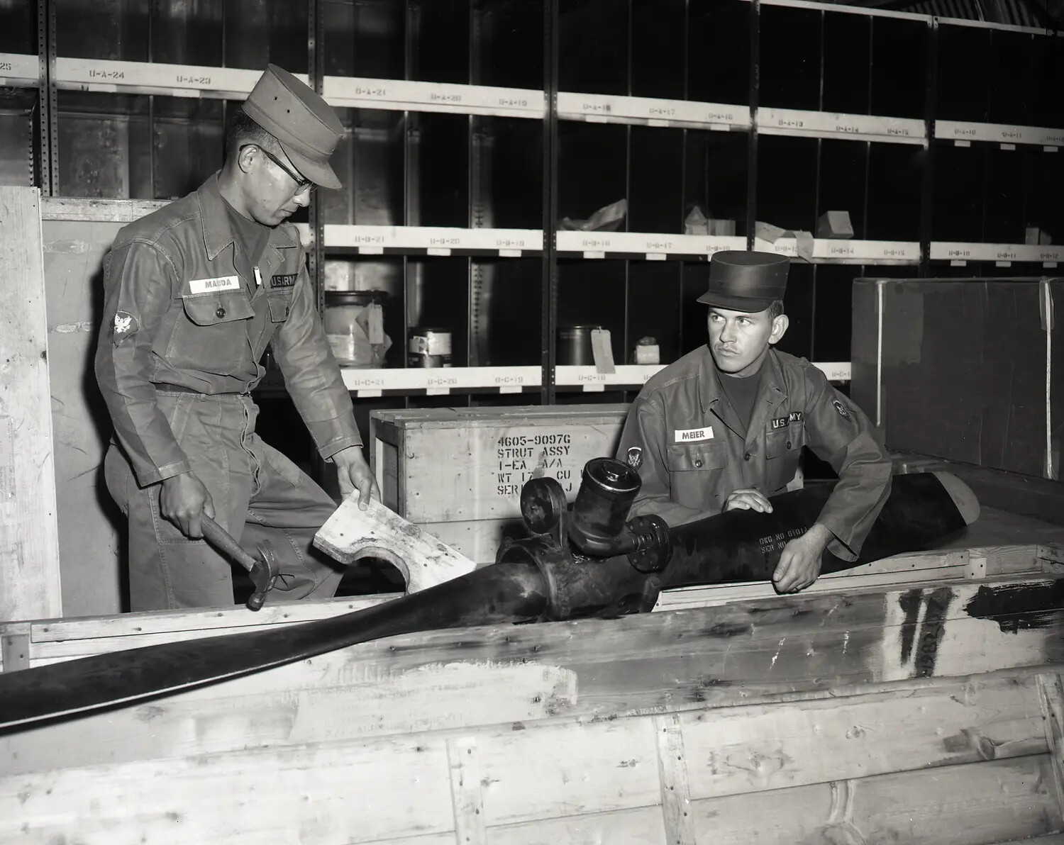 National Guard Aviation Supply Technicians Handling Propeller Assembly, Parts Depot