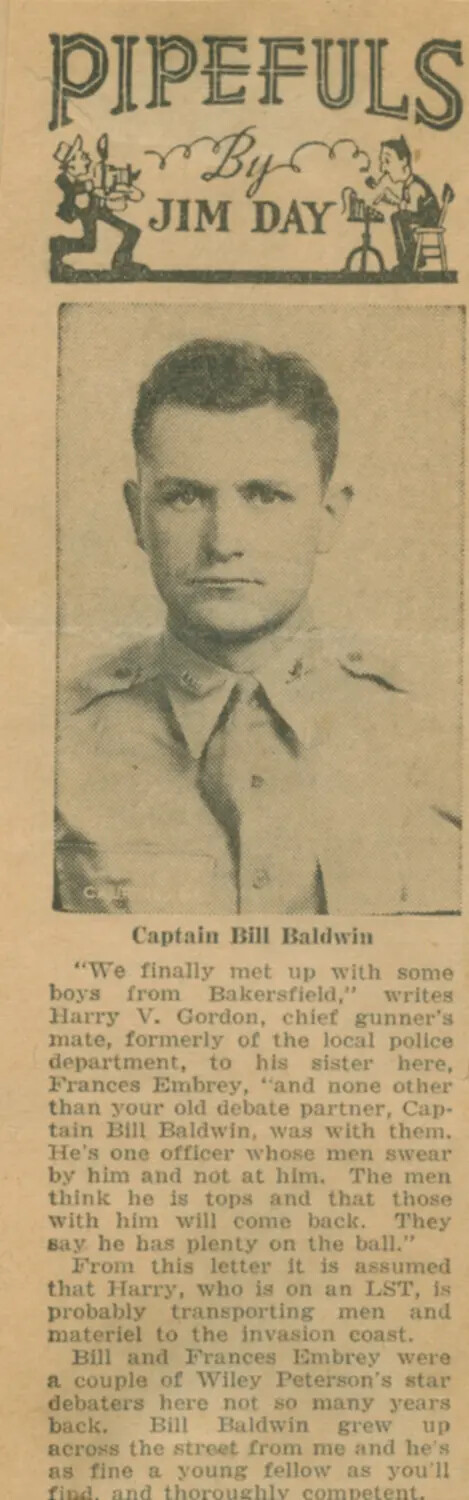 Newspaper Clipping: 'Pipefuls' Column by Jim Day Featuring Captain Bill Baldwin, WWII Hometown Serviceman News Item