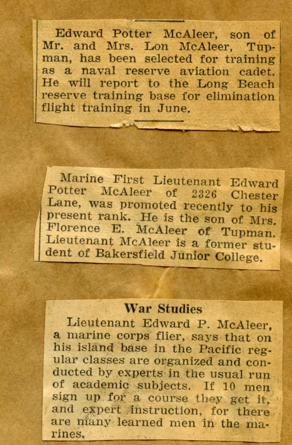 Newspaper Clippings: Edward Potter McAleer's Marine Aviation Career