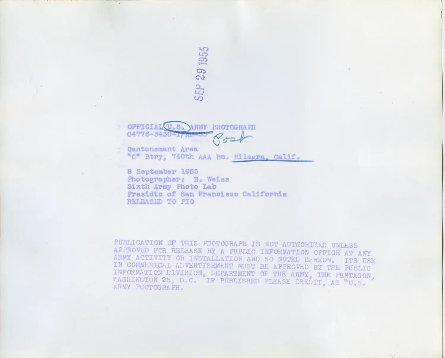 Verso Caption: Official U.S. Army Photograph, "C" Battery 740th AAA Battalion, Milagra, California, 1955