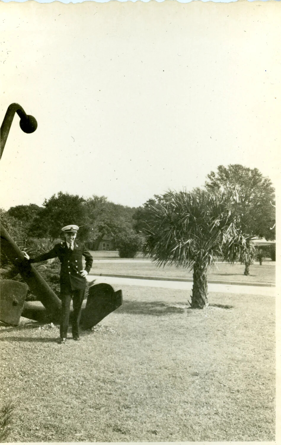 Naval Officer Beside Anchor Monument, NAS Pensacola, Florida, April 1949