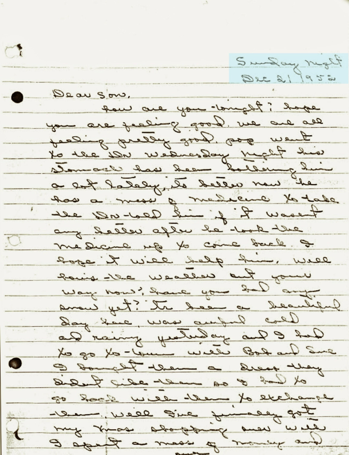 Handwritten Family Letter to a Son in Military Service, Dated Sunday, December 21, 1952