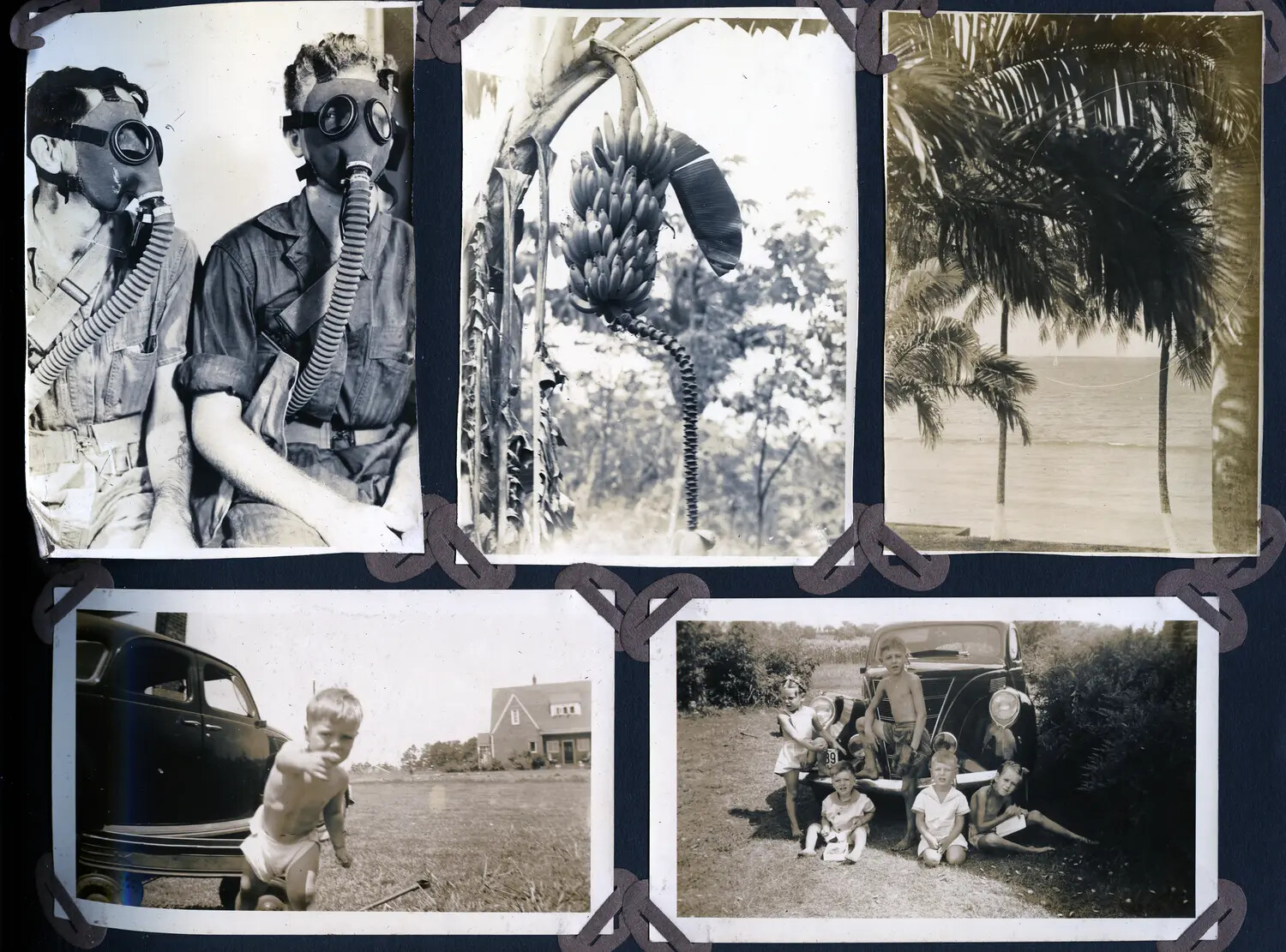 WWII Panama Canal Zone Family Photo Album Page: Gas Mask Training and Domestic Life