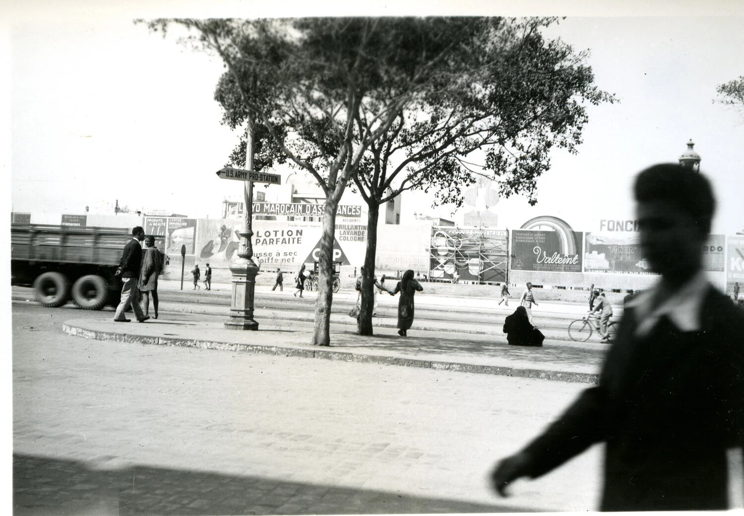 Street Scene with U.S. Army Pro-Station Sign, Casablanca, French Morocco, WWII Era (Second Exposure)