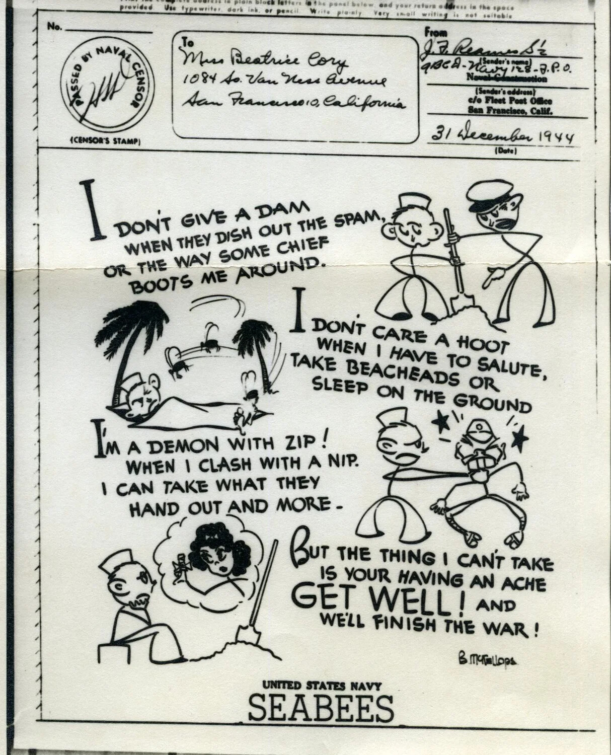 V-Mail Illustrated Verse: Seabee Gripe Poem 'I Don't Give a Dam...', 31 December 1944