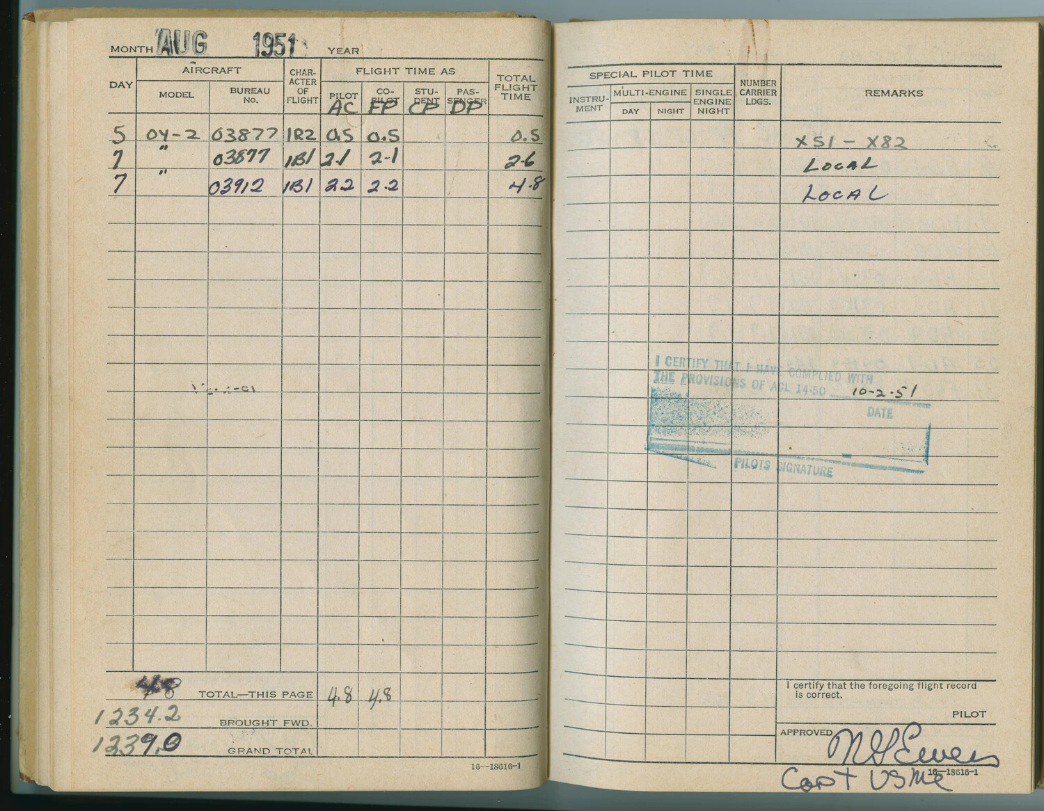 Pilot Flight Logbook Page, August 1951 - OY-2 Aircraft Entries, McAleer Collection