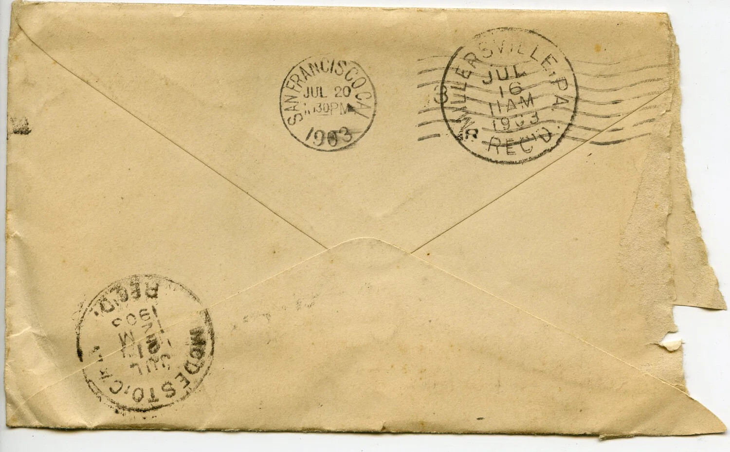 Reverse of 1903 Envelope with Millersville PA, San Francisco CA, and Modesto CA Postmarks -- Wagener Family Correspondence
