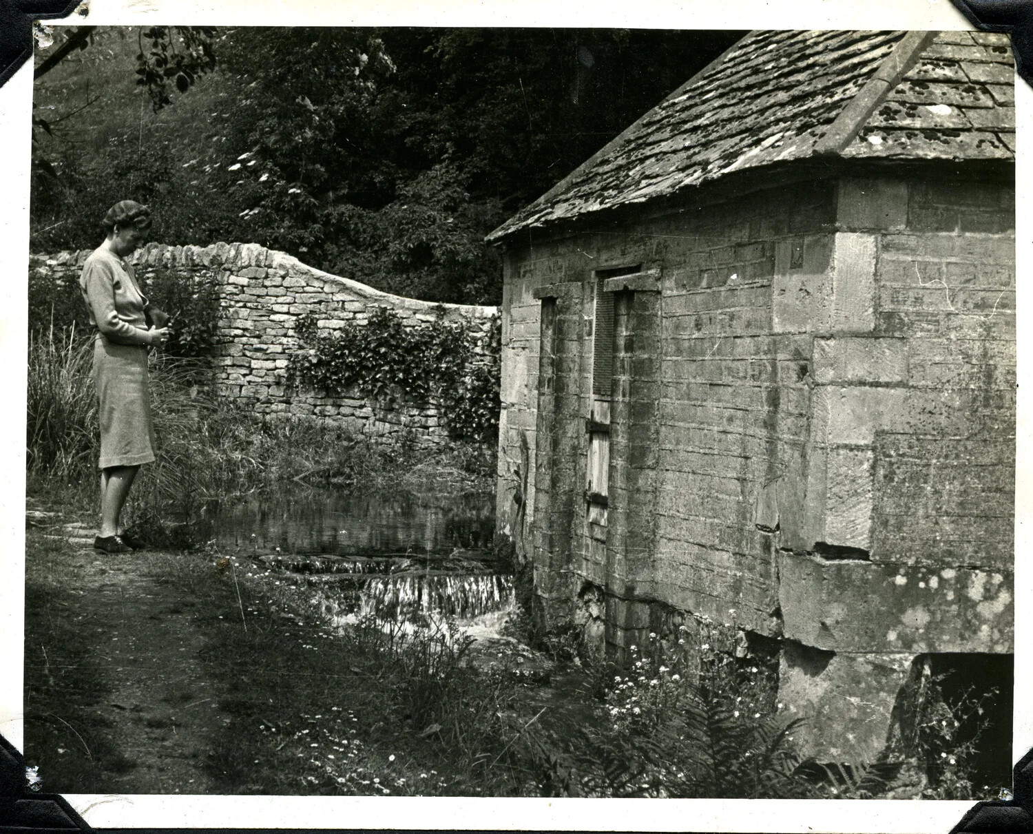 Woman by Stone Spring House, English Countryside -- Jervey Signal Corps WWII Photo Album